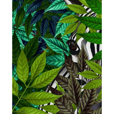 Zebra in Green Leaves Gold Ornate Wood Framed Art Print with Double Matting by Fab Funky