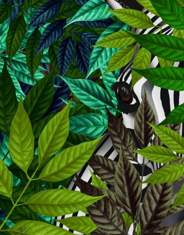 Zebra in Green Leaves Black Ornate Wood Framed Art Print with Double Matting by Fab Funky