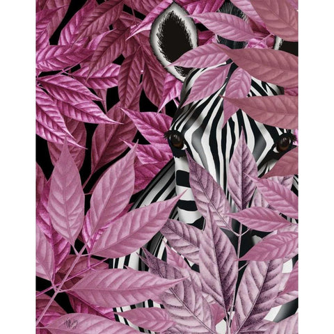 Zebra in Pink Leaves Gold Ornate Wood Framed Art Print with Double Matting by Fab Funky