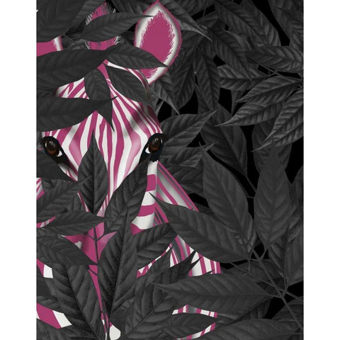 Zebra, Pink in Black Leaves Gold Ornate Wood Framed Art Print with Double Matting by Fab Funky