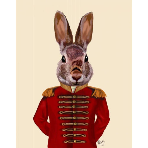 Military Rabbit in Red Gold Ornate Wood Framed Art Print with Double Matting by Fab Funky