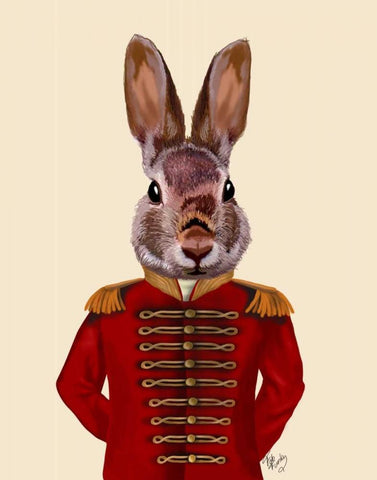 Military Rabbit in Red Black Ornate Wood Framed Art Print with Double Matting by Fab Funky