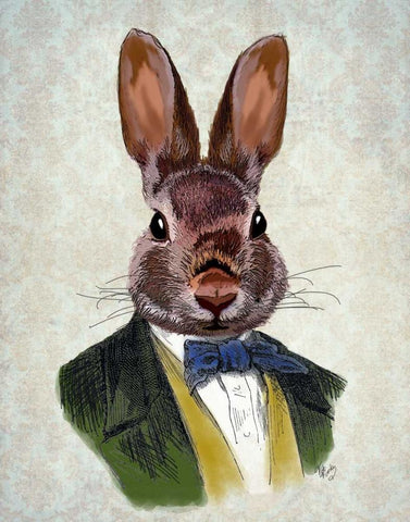 Rabbit in Green Jacket Black Ornate Wood Framed Art Print with Double Matting by Fab Funky