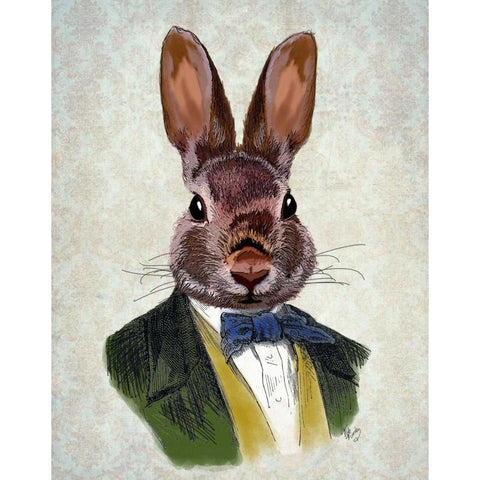 Rabbit in Green Jacket Black Modern Wood Framed Art Print with Double Matting by Fab Funky