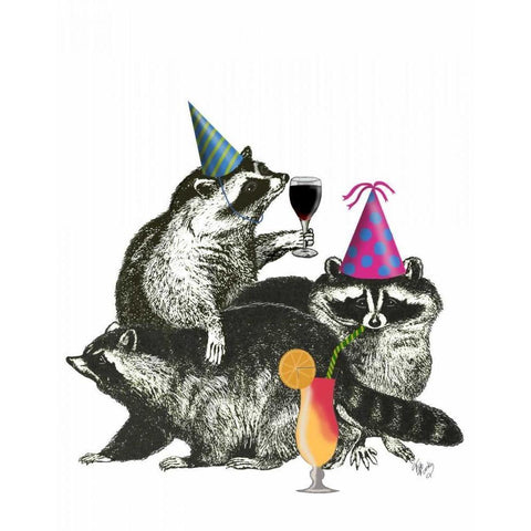 Raccoon Party White Modern Wood Framed Art Print by Fab Funky