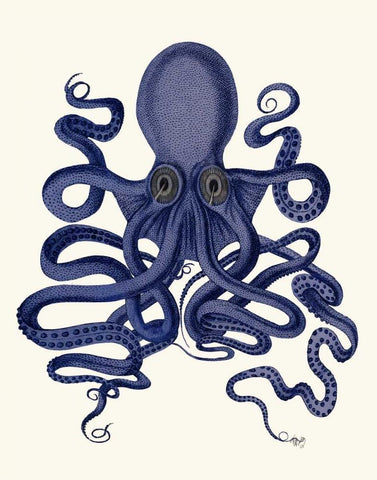 Octopus 9, Blue White Modern Wood Framed Art Print with Double Matting by Fab Funky