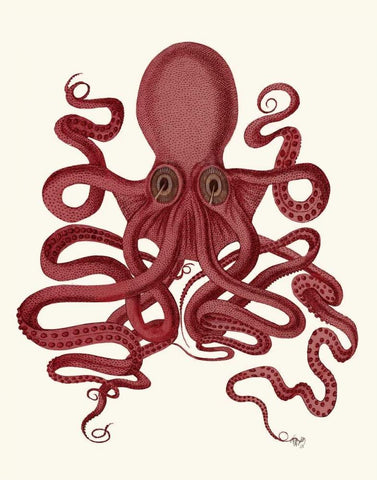 Octopus 9, Red White Modern Wood Framed Art Print with Double Matting by Fab Funky