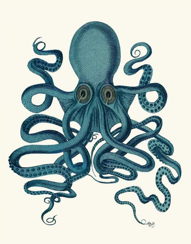 Octopus 9, Teal Black Ornate Wood Framed Art Print with Double Matting by Fab Funky