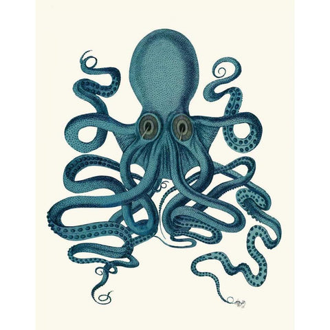 Octopus 9, Teal White Modern Wood Framed Art Print by Fab Funky