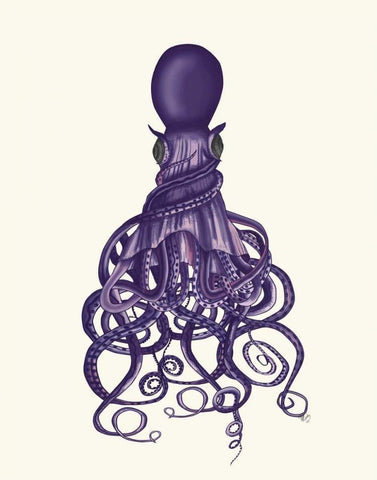 Octopus, Twisted Purple Black Ornate Wood Framed Art Print with Double Matting by Fab Funky