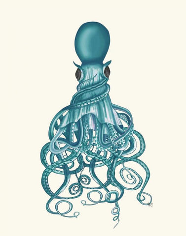 Octopus, Twisted Teal White Modern Wood Framed Art Print with Double Matting by Fab Funky