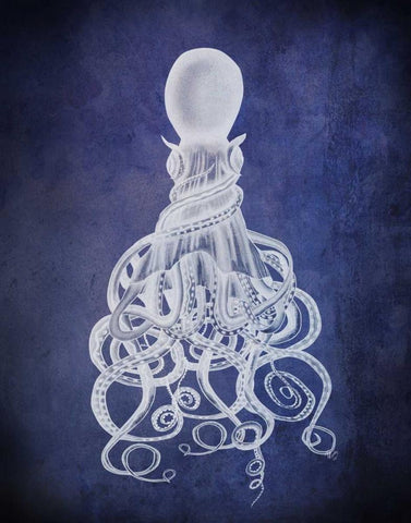 Octopus, Twisted White on Blue Black Ornate Wood Framed Art Print with Double Matting by Fab Funky