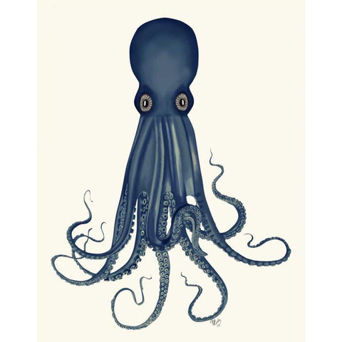 Octopus 8, Blue Black Modern Wood Framed Art Print by Fab Funky