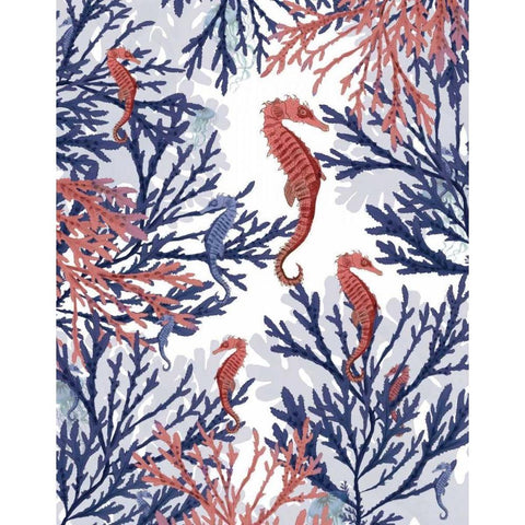 Coral and Seahorse, Pink and Blue White Modern Wood Framed Art Print by Fab Funky