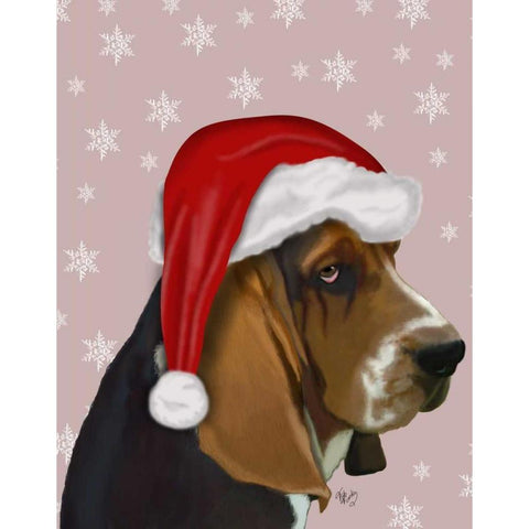 Basset Hound, Christmas Hat White Modern Wood Framed Art Print by Fab Funky