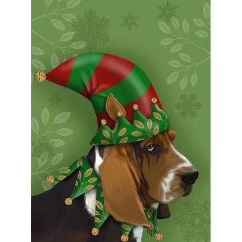 Basset Hound, Elf Hat White Modern Wood Framed Art Print by Fab Funky