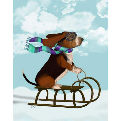 Basset Hound, Sledging Gold Ornate Wood Framed Art Print with Double Matting by Fab Funky