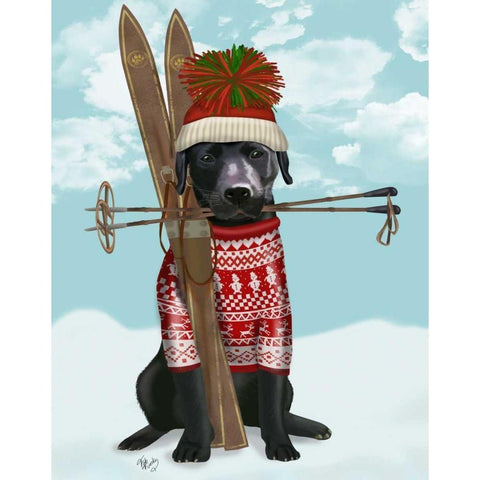 Black Labrador, Skiing Black Modern Wood Framed Art Print with Double Matting by Fab Funky