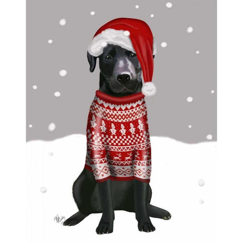 Black Labrador, Christmas Sweater 1 White Modern Wood Framed Art Print by Fab Funky