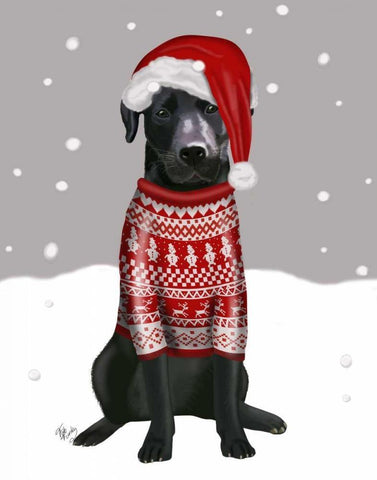 Black Labrador, Christmas Sweater 1 White Modern Wood Framed Art Print with Double Matting by Fab Funky