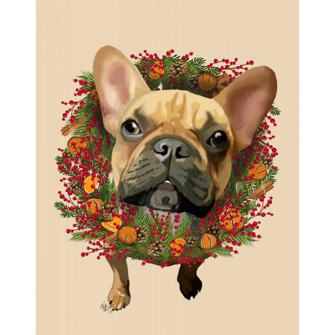 French Bulldog, Cranberry Wreath Black Modern Wood Framed Art Print with Double Matting by Fab Funky