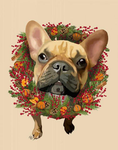 French Bulldog, Cranberry Wreath Black Ornate Wood Framed Art Print with Double Matting by Fab Funky