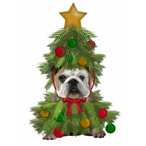 English Bulldog, Christmas Tree Costume White Modern Wood Framed Art Print by Fab Funky