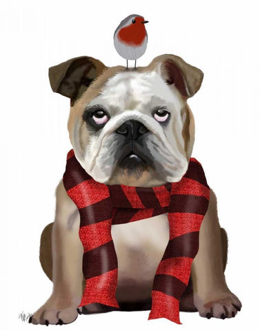 English Bulldog, Scarf and Robin Black Ornate Wood Framed Art Print with Double Matting by Fab Funky