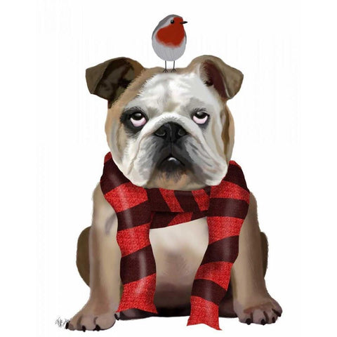 English Bulldog, Scarf and Robin Black Modern Wood Framed Art Print with Double Matting by Fab Funky