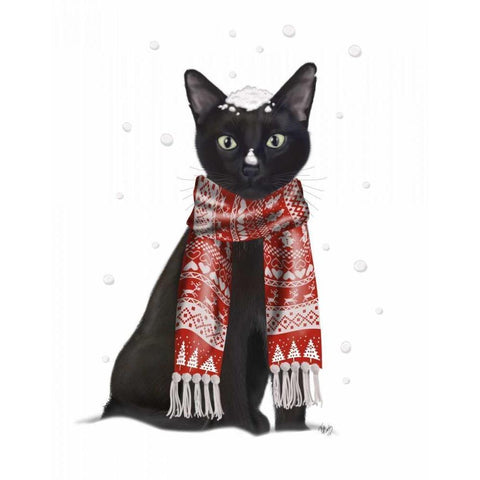 Black Cat, Red Scarf White Modern Wood Framed Art Print by Fab Funky