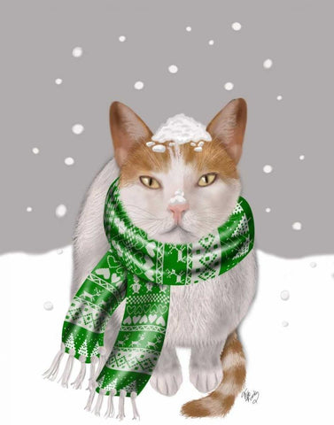 White Cat, Green Scarf White Modern Wood Framed Art Print with Double Matting by Fab Funky