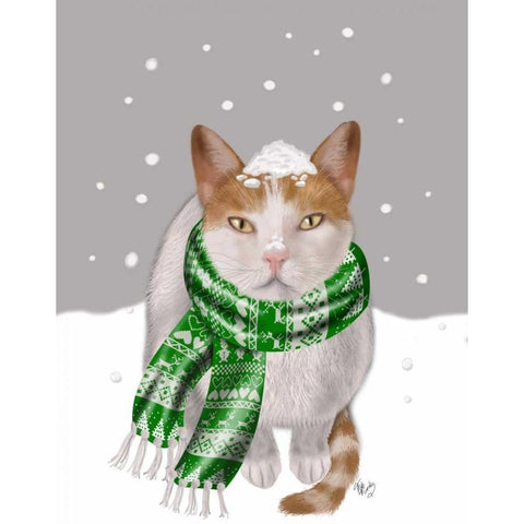 White Cat, Green Scarf Black Modern Wood Framed Art Print with Double Matting by Fab Funky