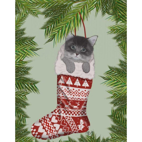 Grey Kitten in Christmas Stocking Gold Ornate Wood Framed Art Print with Double Matting by Fab Funky