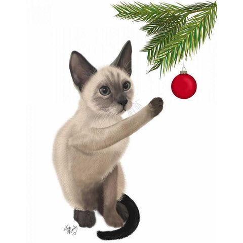 Siamese Cat and Bauble White Modern Wood Framed Art Print by Fab Funky