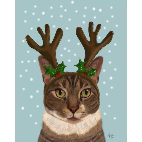 Calico Cat and Antlers Black Modern Wood Framed Art Print with Double Matting by Fab Funky