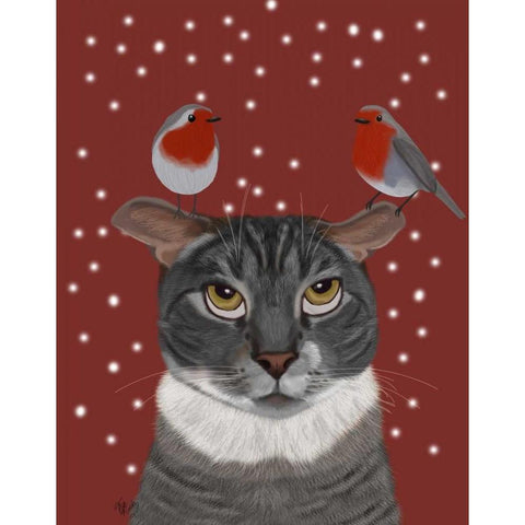 Grey Cat and Robins Black Modern Wood Framed Art Print with Double Matting by Fab Funky