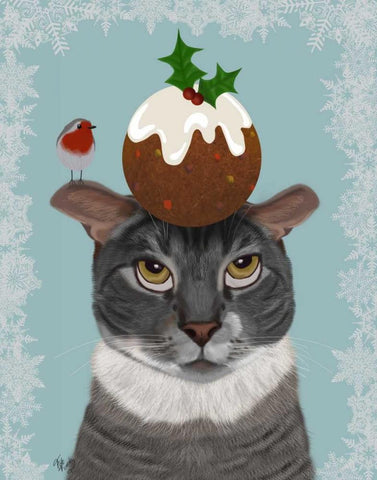 Grey Cat and Christmas Pudding Black Ornate Wood Framed Art Print with Double Matting by Fab Funky