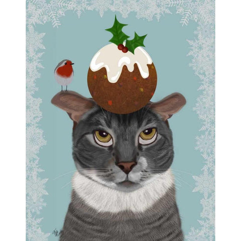 Grey Cat and Christmas Pudding White Modern Wood Framed Art Print by Fab Funky