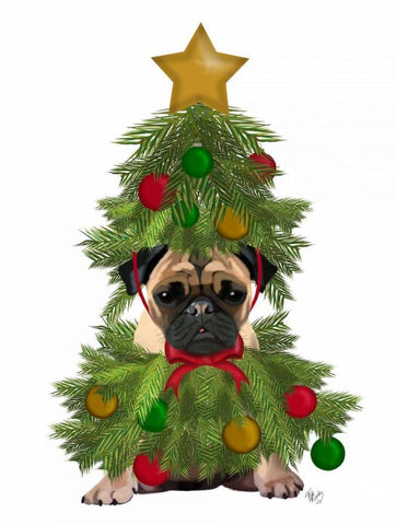 Pug, Christmas Tree Costume White Modern Wood Framed Art Print with Double Matting by Fab Funky