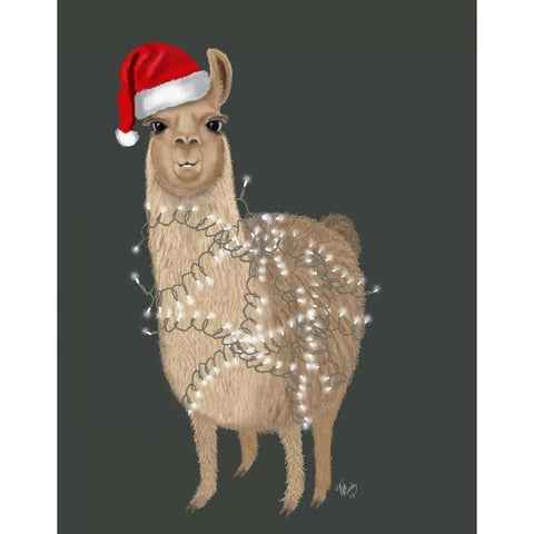 Llama, Christmas Lights 1 White Modern Wood Framed Art Print by Fab Funky