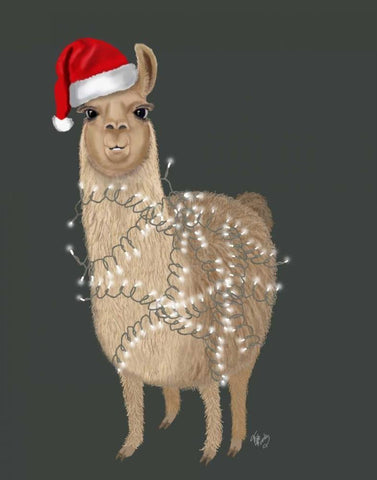 Llama, Christmas Lights 1 White Modern Wood Framed Art Print with Double Matting by Fab Funky