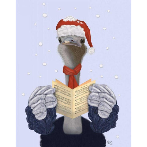 Ostrich, Carol Singing Black Modern Wood Framed Art Print with Double Matting by Fab Funky