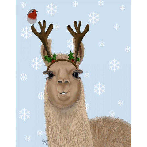 Llama, Antlers White Modern Wood Framed Art Print by Fab Funky