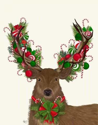 Deer, Candy Cane Wreath Black Ornate Wood Framed Art Print with Double Matting by Fab Funky