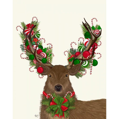 Deer, Candy Cane Wreath White Modern Wood Framed Art Print by Fab Funky