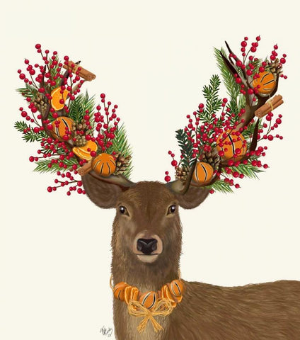 Deer, Cranberry and Orange Wreath Black Ornate Wood Framed Art Print with Double Matting by Fab Funky