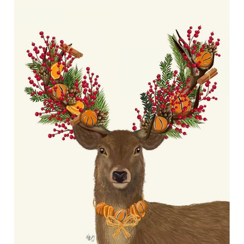 Deer, Cranberry and Orange Wreath White Modern Wood Framed Art Print by Fab Funky