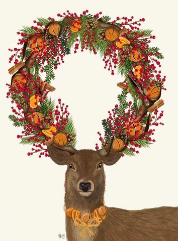 Deer, Cranberry and Orange Wreath, Full Black Ornate Wood Framed Art Print with Double Matting by Fab Funky