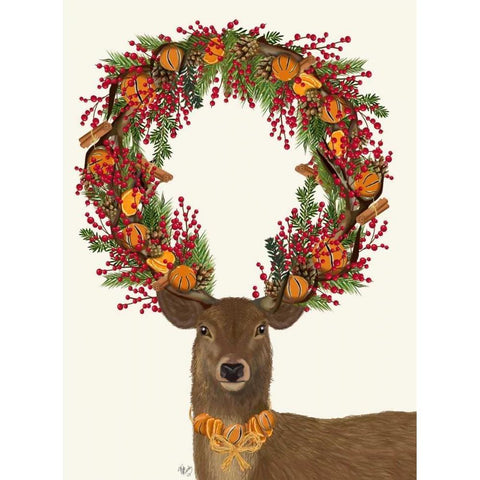 Deer, Cranberry and Orange Wreath, Full Black Modern Wood Framed Art Print with Double Matting by Fab Funky