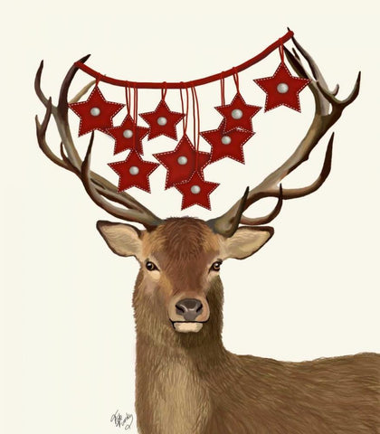 Deer, Star Decorations White Modern Wood Framed Art Print with Double Matting by Fab Funky